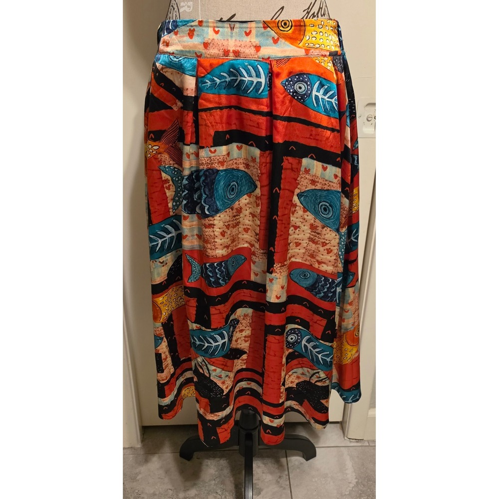 Urban CoCo Fish Print Midi Skirt Red Blue Novelty Art Satin A-Line Pockets  Sz L